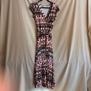 Olivia Matthews Women’s L Black/Orange Patterned Maxi Wrap Dress